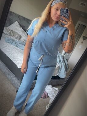 Light Blue Figs Scrub Set - V-Neck Top & Drawstring Pants